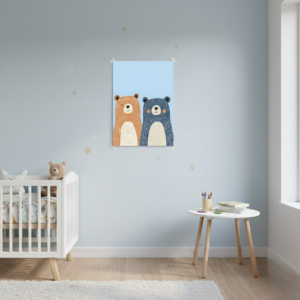 quadro infantil dois ursos amigos fundo azul