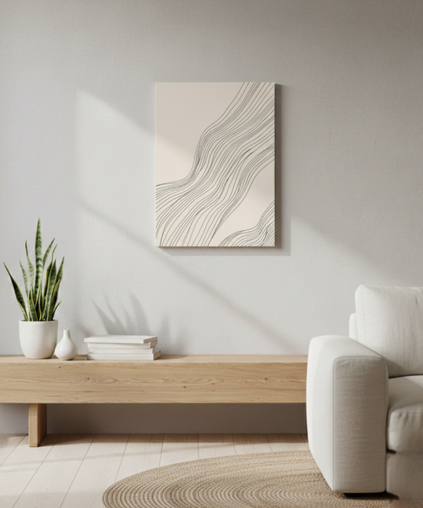 quadro decorativo abstrato fluxo de linhas pretas fundo areia modelo 2 (cópia)