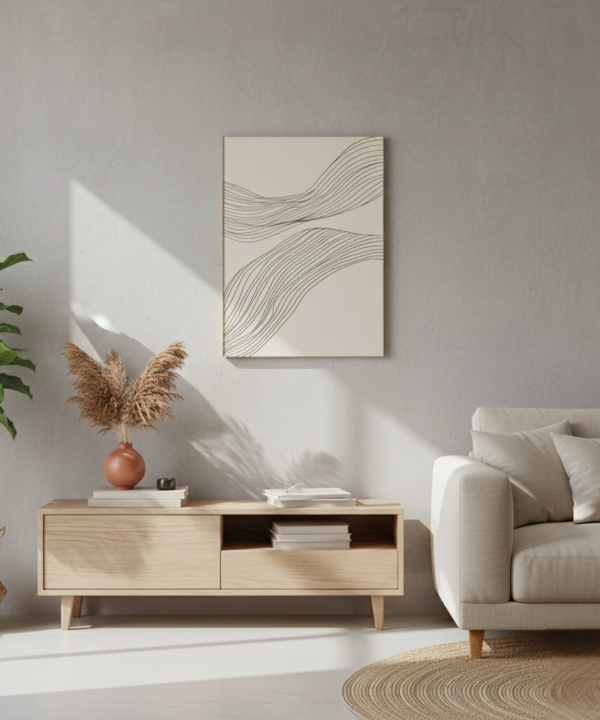 quadro decorativo abstrato fluxo de linhas pretas fundo areia