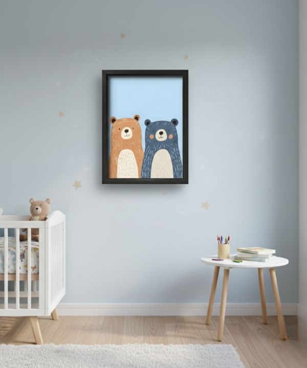 quadro infantil dois ursos amigos fundo azul