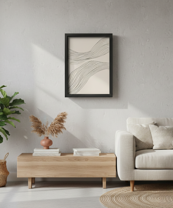 quadro decorativo abstrato fluxo de linhas pretas fundo areia